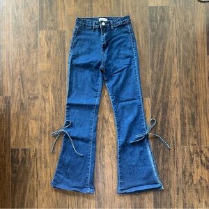 Crybaby high waisted dark wash petite flare jeans with side ribbons